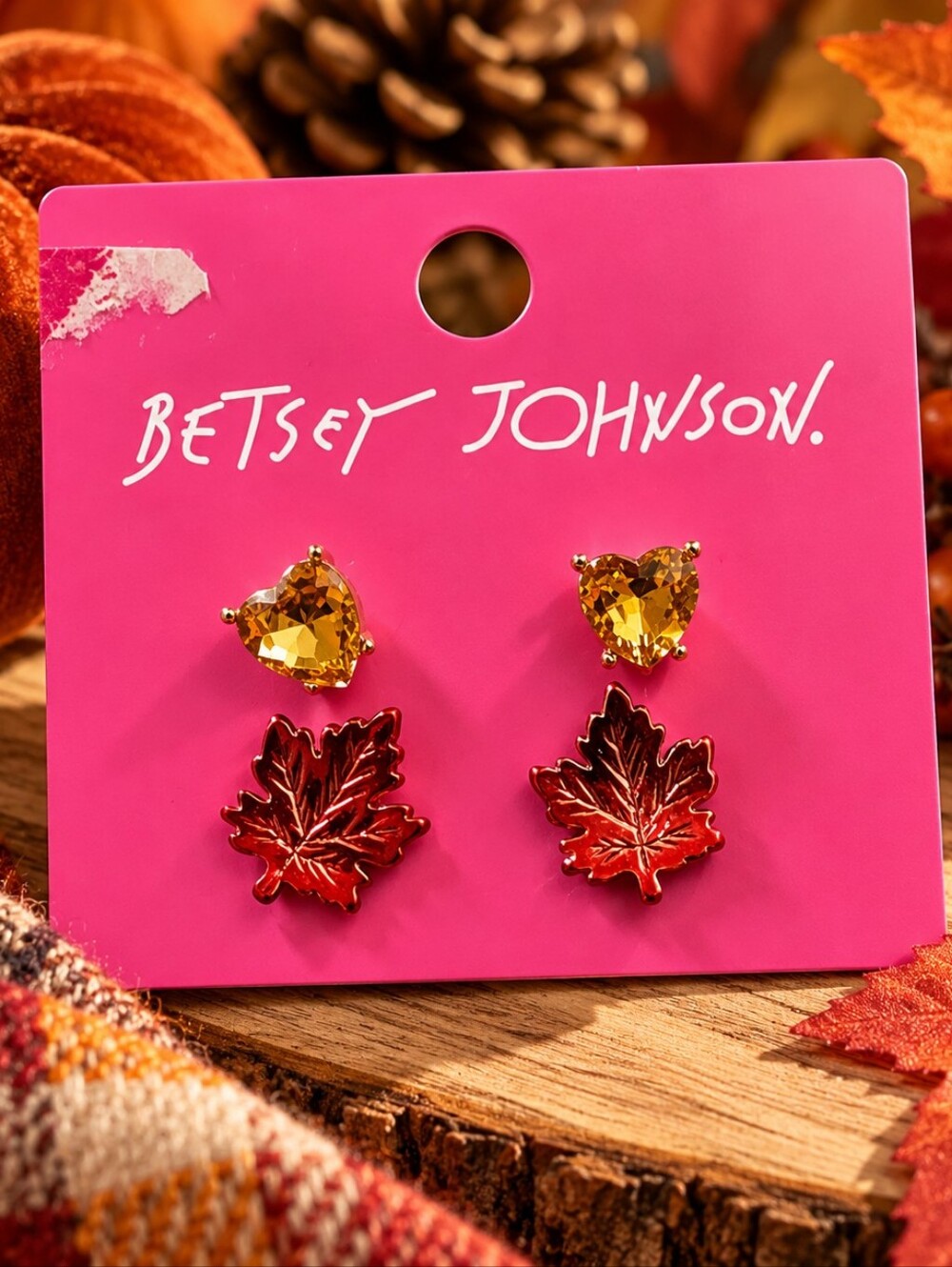 Betsey Johnson Amber Heart & Red Maple Leaf Fall Earring Set 🍁❤️, NWT